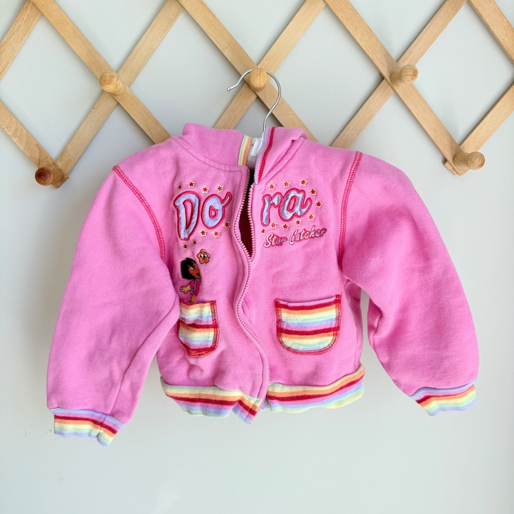 Vintage Nick Jr Dora the Explorer Star Catcher Pink Rainbow Hoodie Jacket 4T